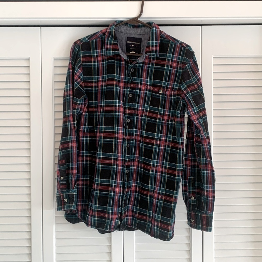 Modern Amusement Black Red Green Blue Yellow Plaid Flannel Button Down Size L